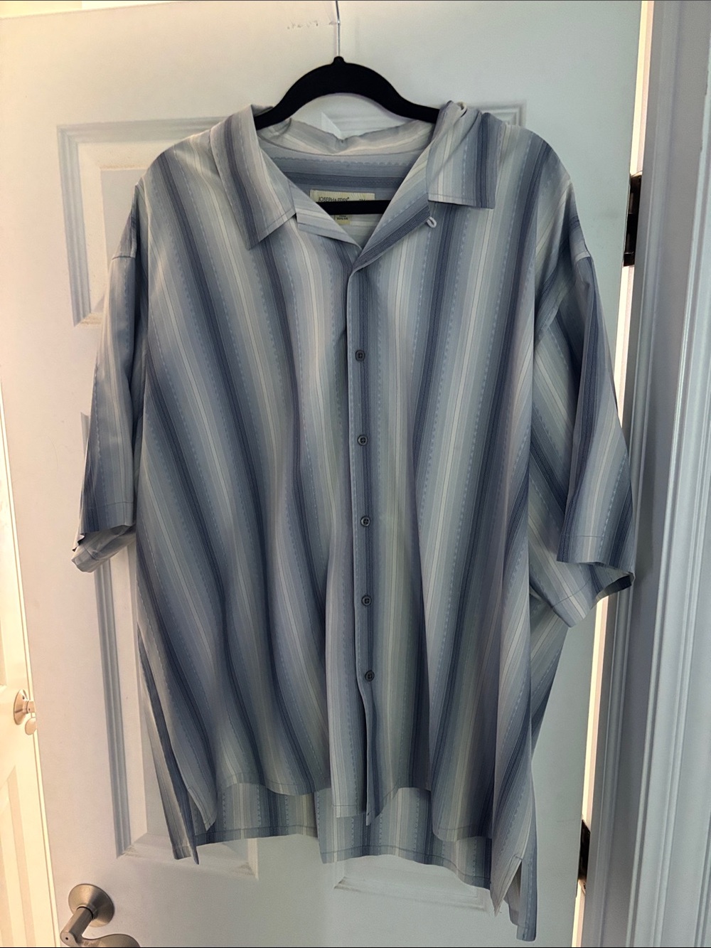 Men’s Joseph& Feiss Light Blue and White Vertical Stripe Short-Sleeve Shirt.